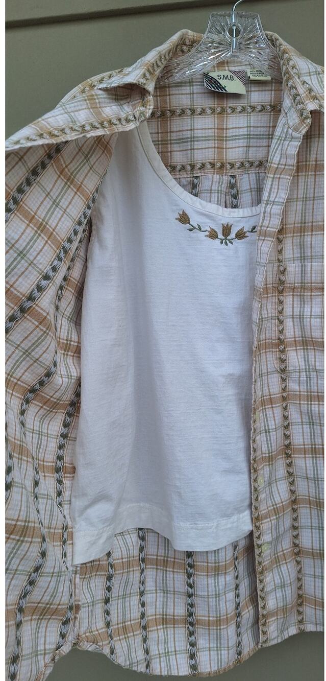 Vintage SMB Women Cotton Floral Botanical Embroidered Shirt -Tank Tan Green L